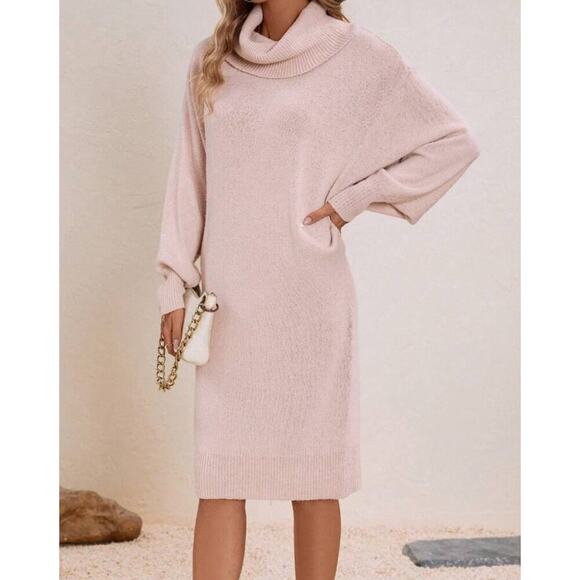 Magnolia Vintage Turtleneck Below Knee Pink Sweater Dress Lambswool Rabbit Hair - Picture 2 of 5